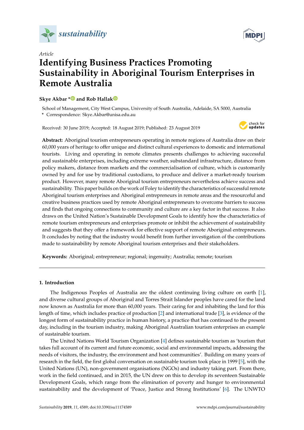 Identifying Business Practices Promoting Sustainability in Aboriginal Tourism Enterprises in Remote Australia