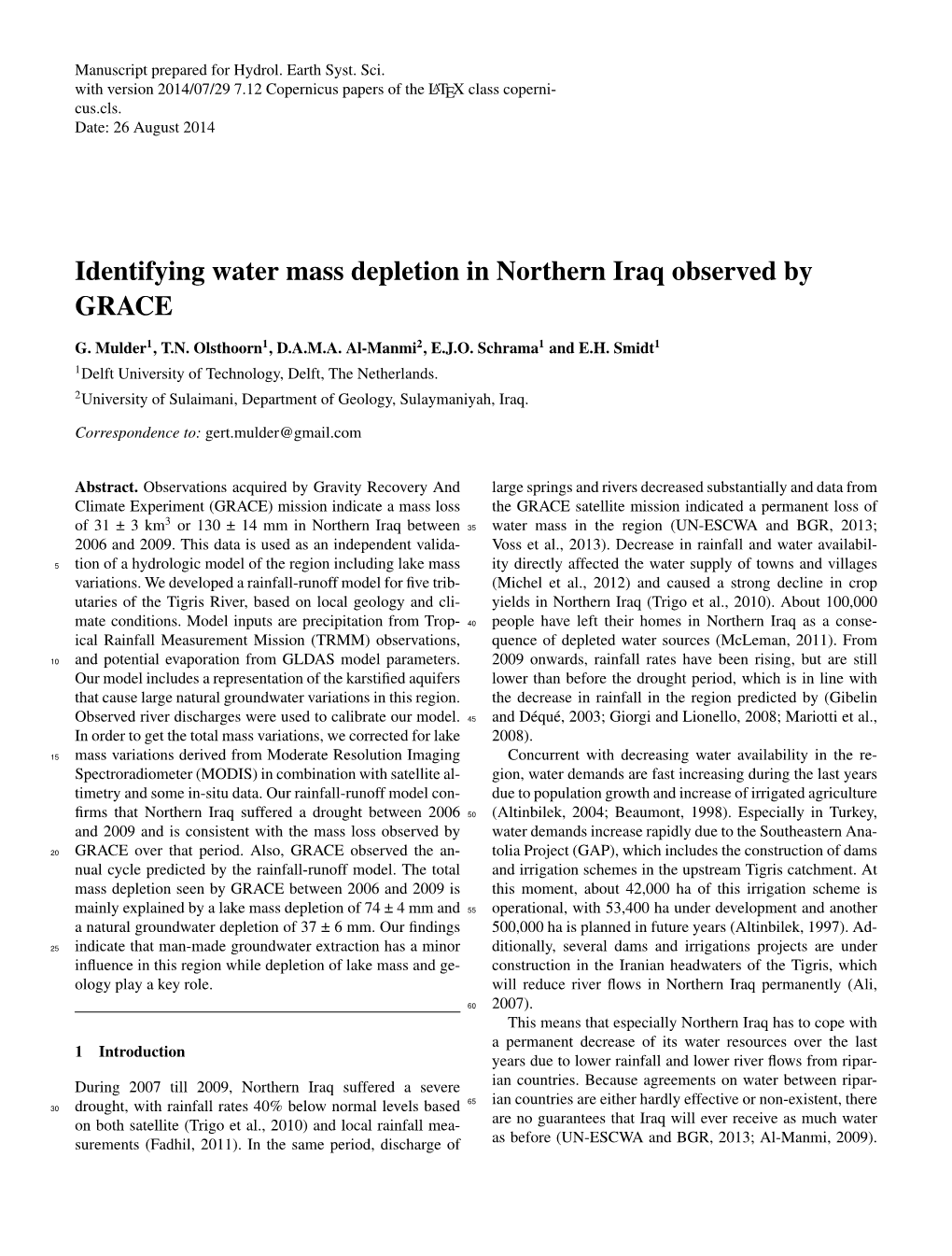 Identifying Water Mass Depletion in Northern Iraq Observed by GRACE