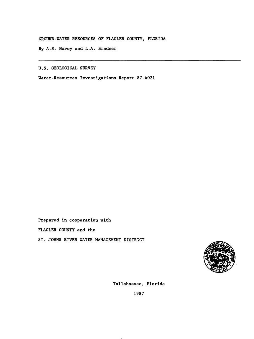 GROUND-WATER RESOURCES of FLAGLER COUNTY, FLORIDA by A.S