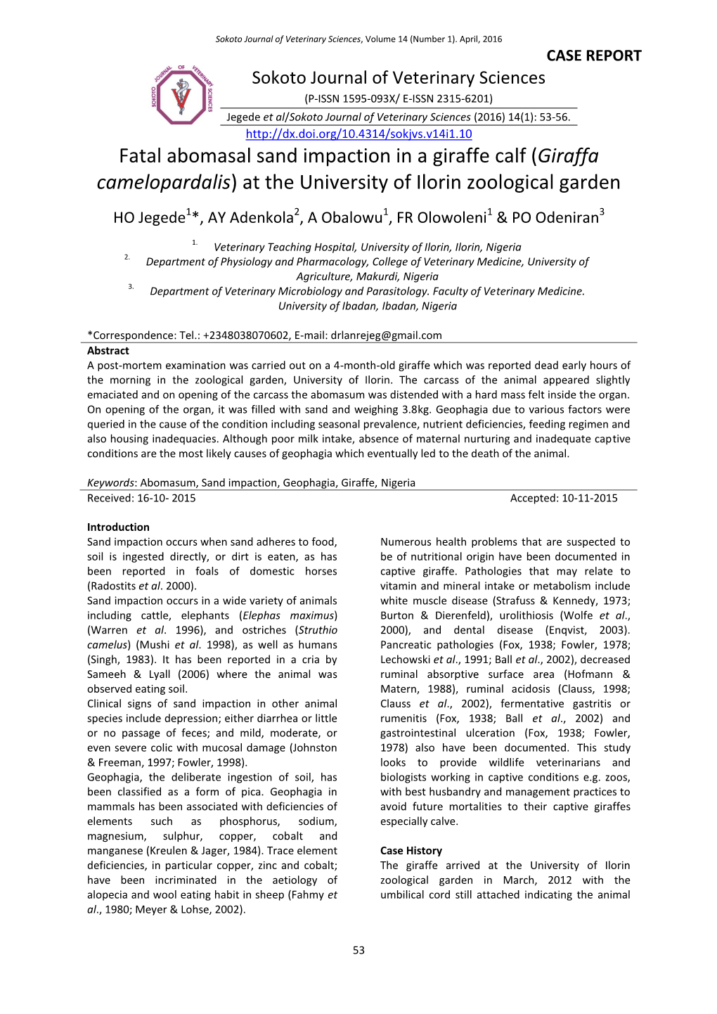 Fatal Abomasal Sand Impaction in a Giraffe Calf