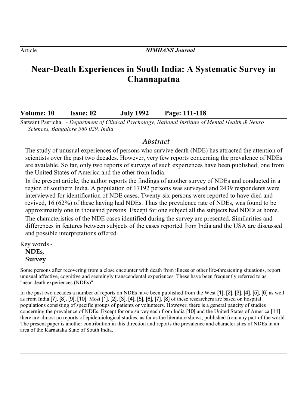 Near-Death Experiences in South India: a Systematic Survey in Channapatna