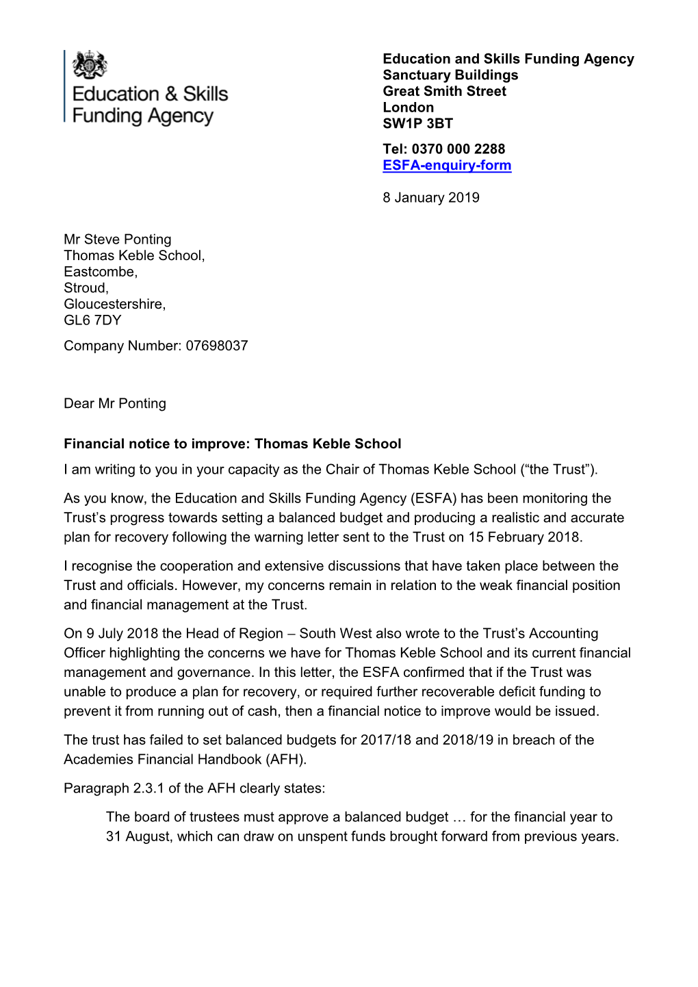 Financial Notice to Improve Thomas Keble School