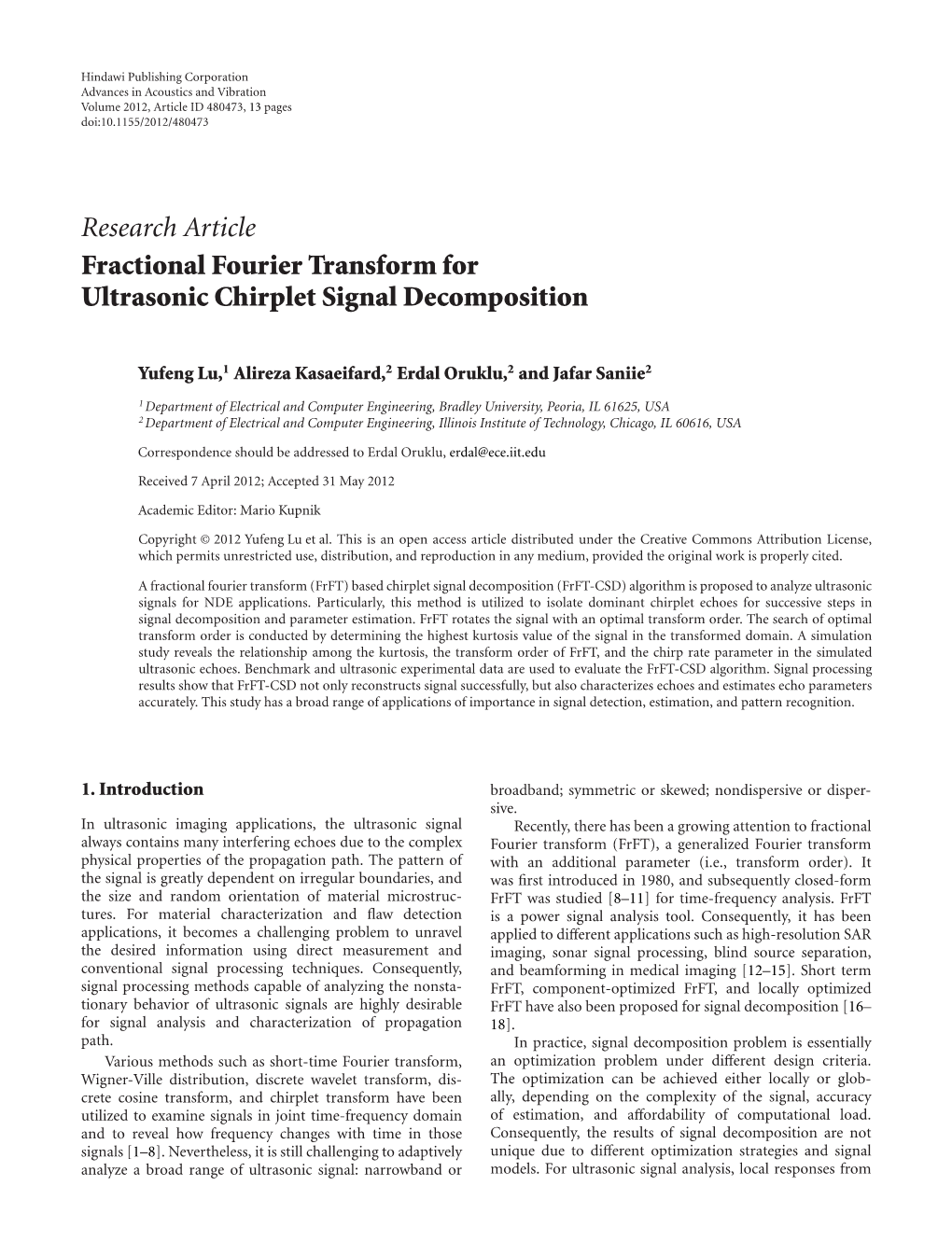 Fractional Fourier Transform for Ultrasonic Chirplet Signal Decomposition