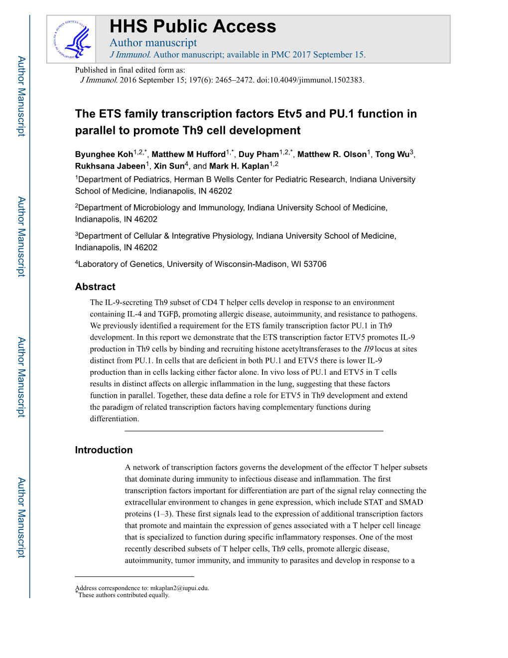 The ETS Family Transcription Factors Etv5 and PU.1 Function in Parallel to Promote Th9 Cell Development