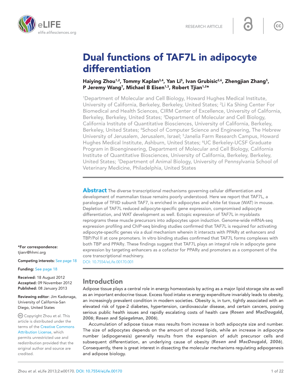 Dual Functions of TAF7L in Adipocyte Differentiation