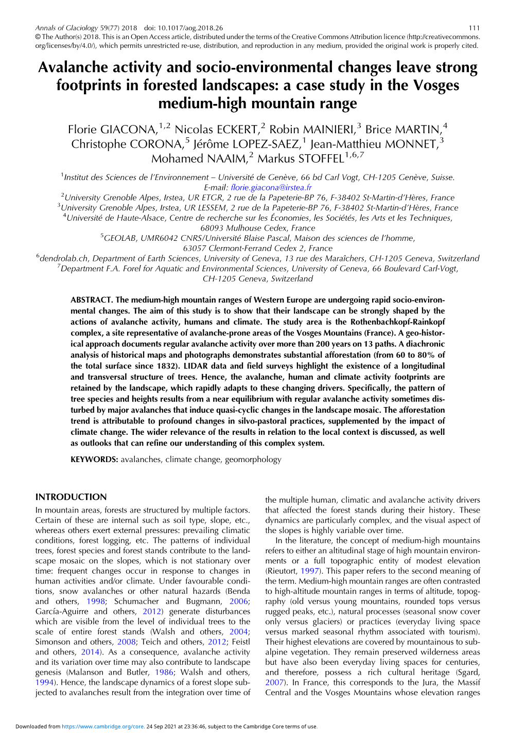 Avalanche Activity and Socio-Environmental Changes Leave Strong Footprints in Forested Landscapes: a Case Study in the Vosges Medium-High Mountain Range