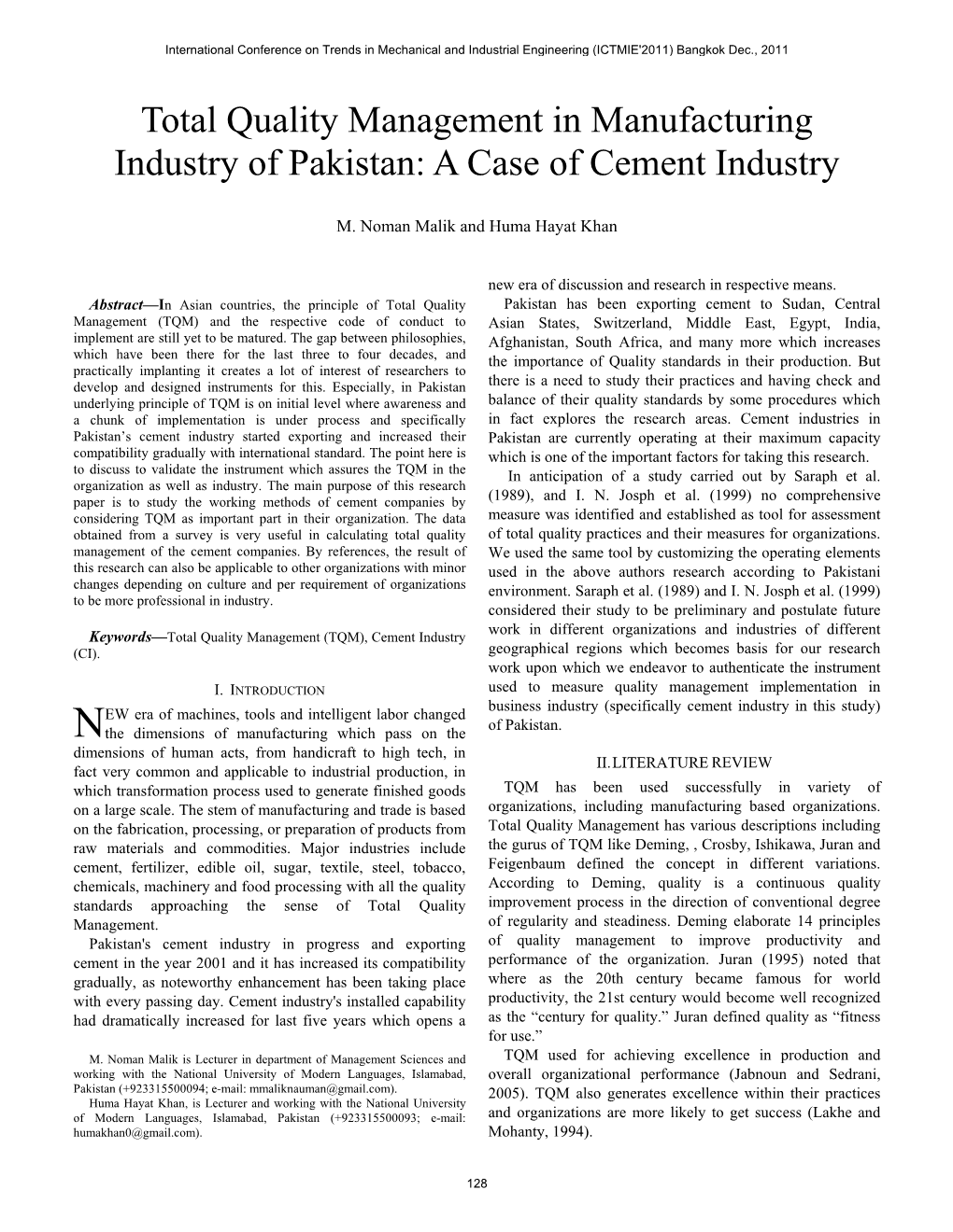 Total Quality Management in Manufacturing Industry of Pakistan: a Case of Cement Industry