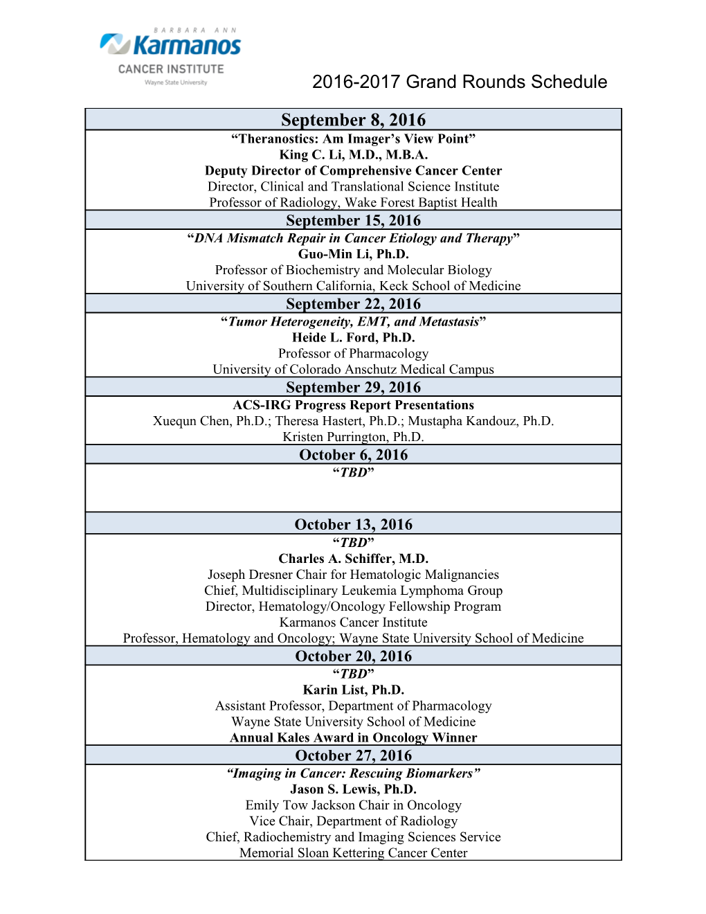 2016-2017 Grand Rounds Schedule