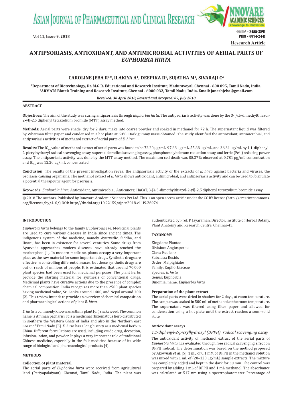 Antipsoriasis, Antioxidant, and Antimicrobial Activities of Aerial Parts of Euphorbia Hirta