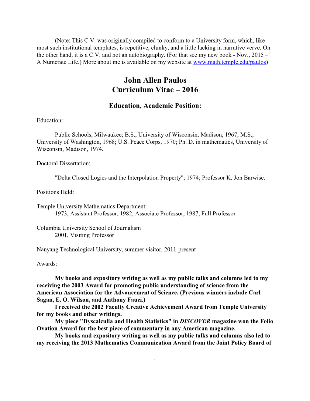 John Allen Paulos Curriculum Vitae – 2016