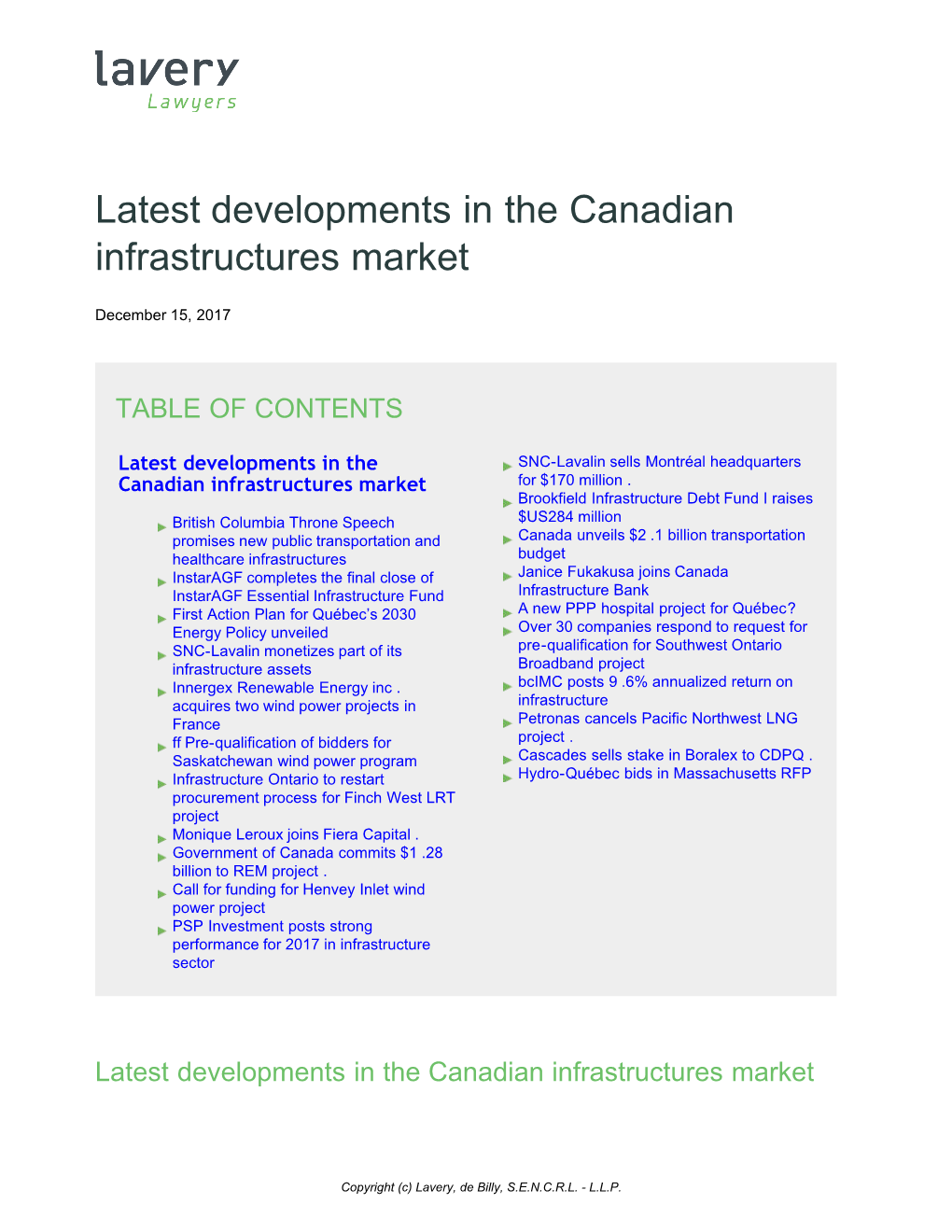 Latest Developments in the Canadian Infrastructures Market