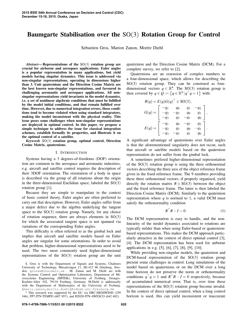 Baumgarte Stabilisation Over the SO(3) Rotation Group for Control