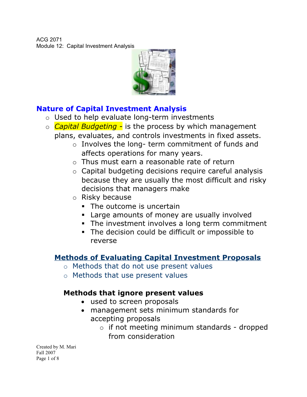 Capital Investment Analysis