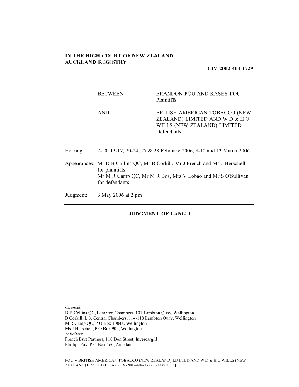 In the High Court of New Zealand Auckland Registry Civ-2002-404-1729