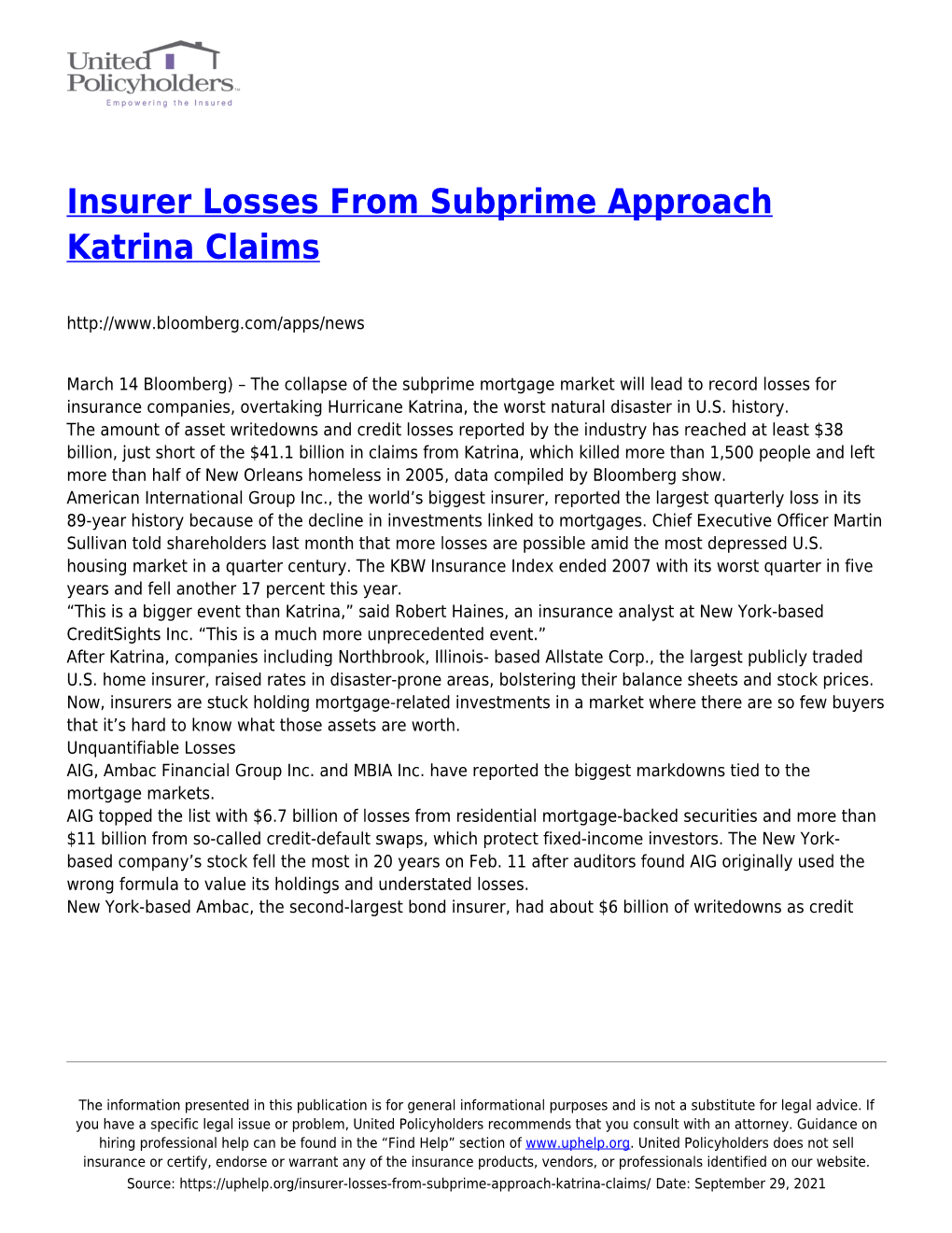 Insurer Losses from Subprime Approach Katrina Claims