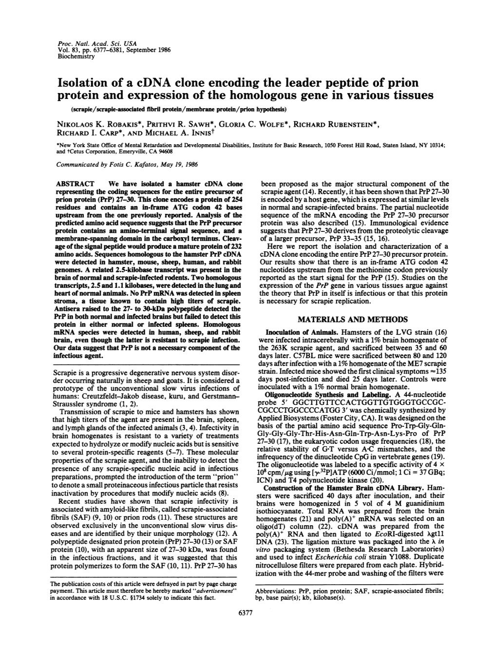 Isolation of a Cdna Clone Encoding the Leader Peptide of Prion Protein and Expression of the Homologous Gene in Various Tissues