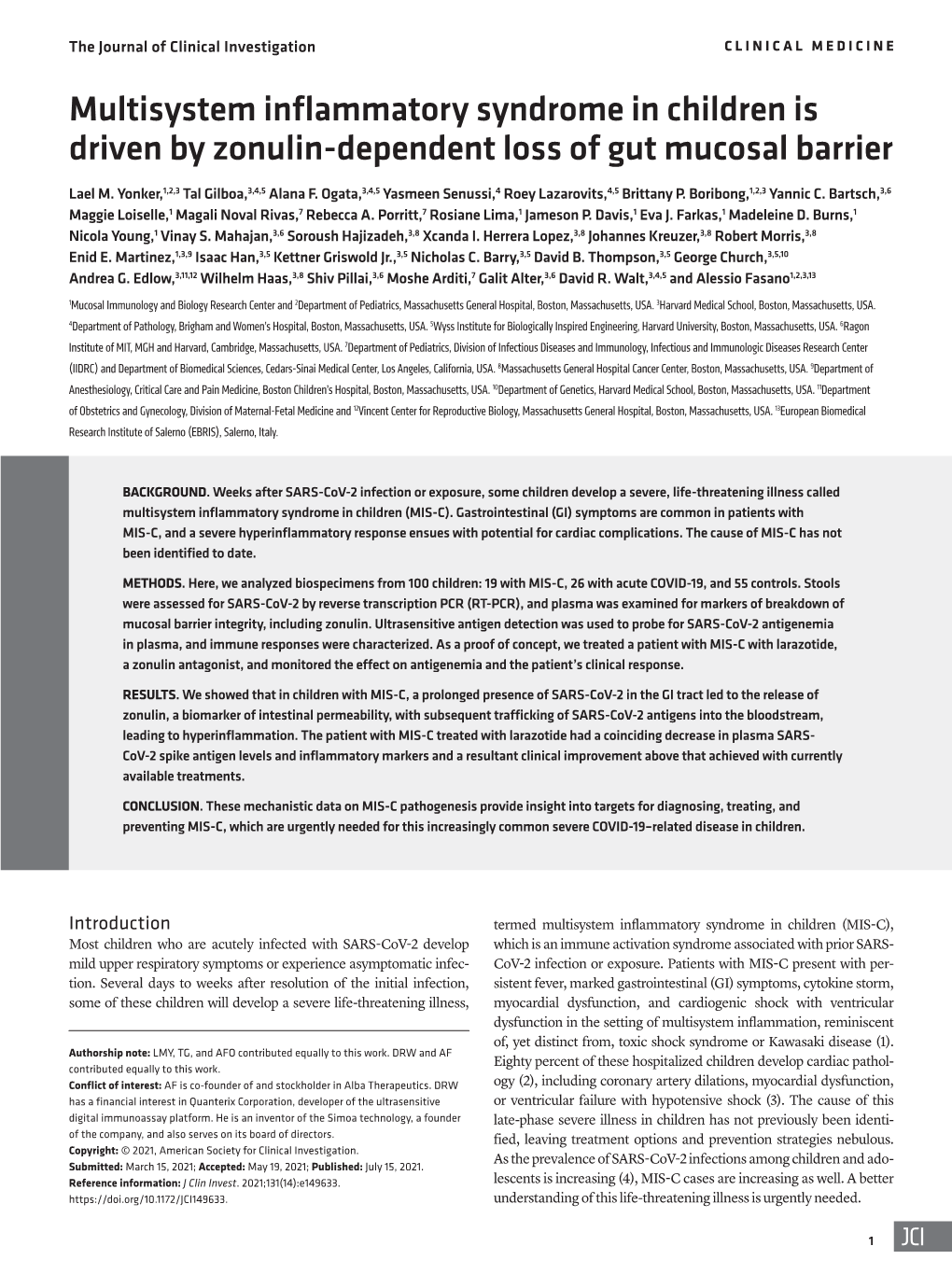 Multisystem Inflammatory Syndrome in Children Is Driven by Zonulin-Dependent Loss of Gut Mucosal Barrier