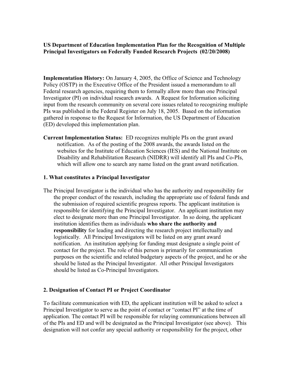 US Department of Education Implementation Plan for the Recognition of Multiple Principal