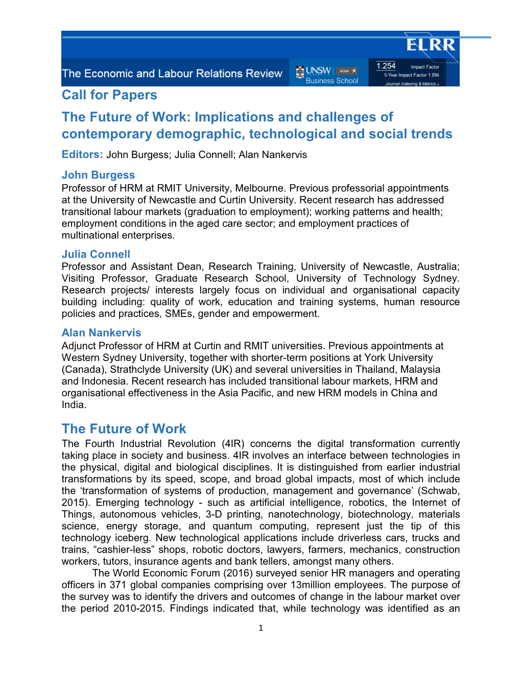 Call for Papers the Future of Work