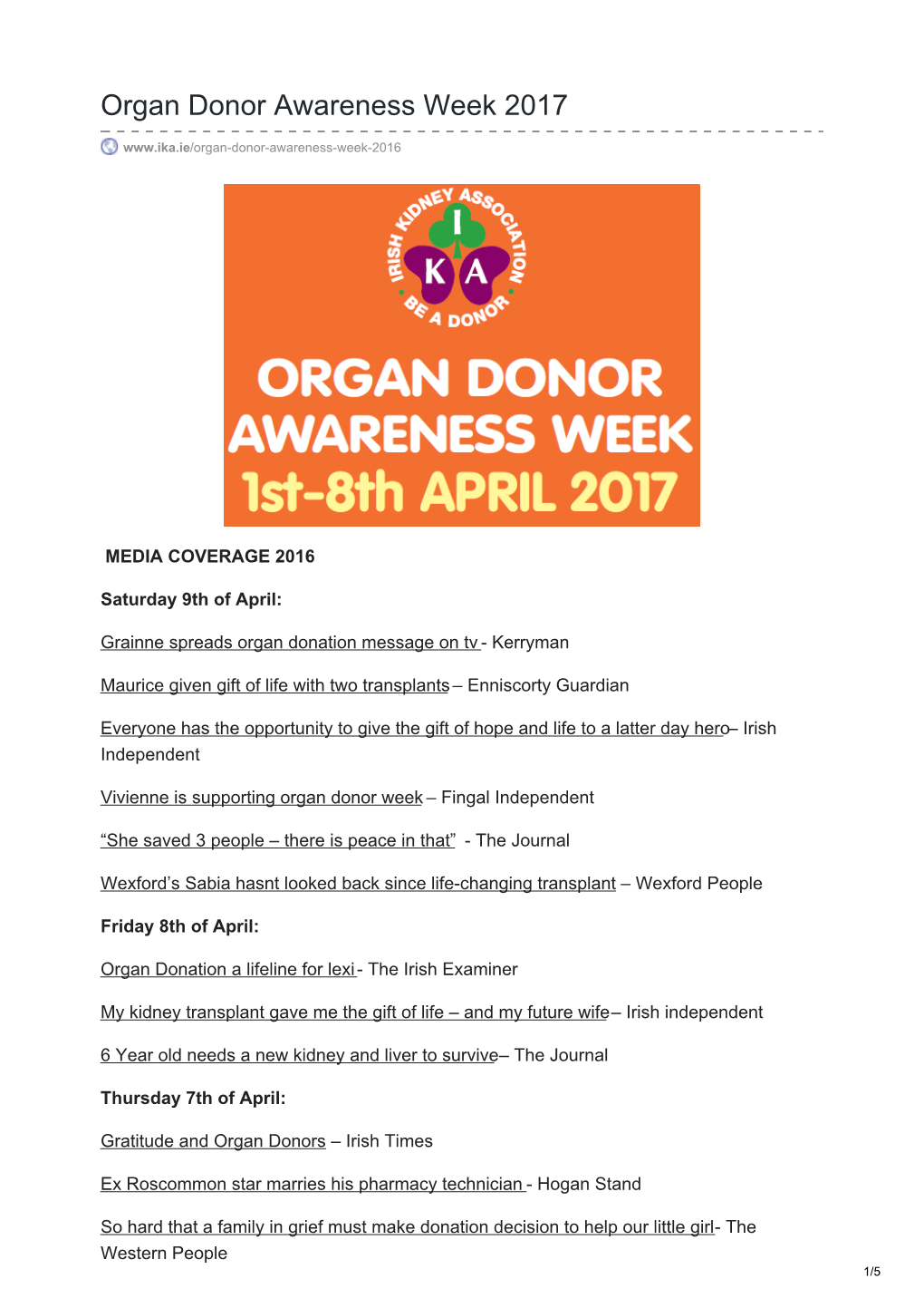 Organ Donor Awareness Week 2017