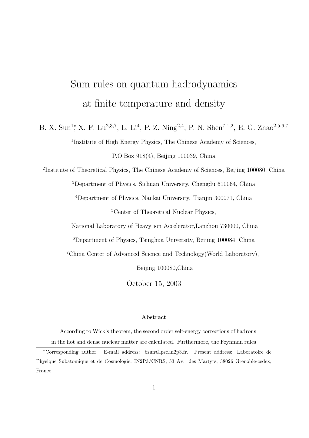 Sum Rules on Quantum Hadrodynamics at Finite Temperature