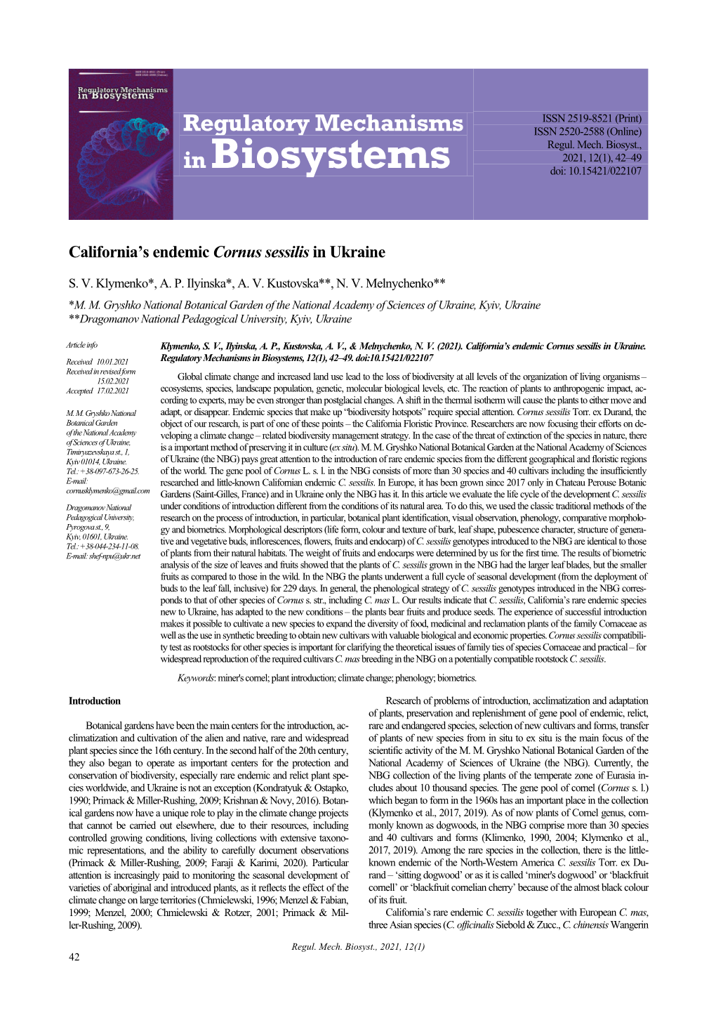 Regulatory Mechanisms in Biosystems, 12(1), 42–49