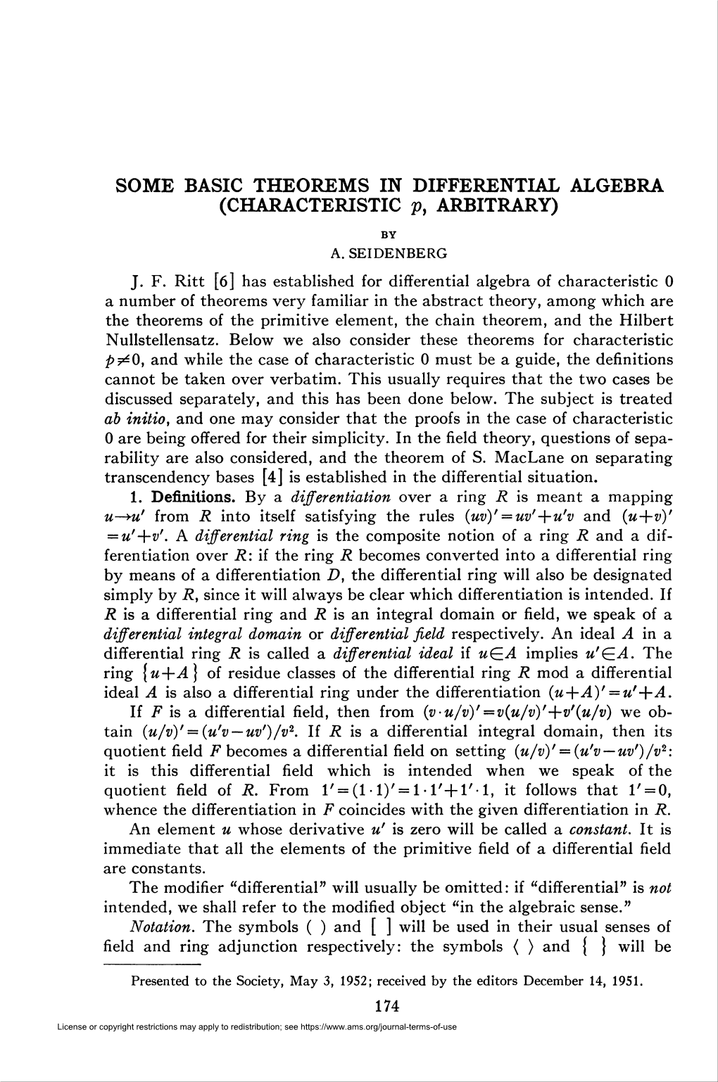 SOME BASIC THEOREMS in DIFFERENTIAL ALGEBRA (CHARACTERISTIC P, ARBITRARY) by A