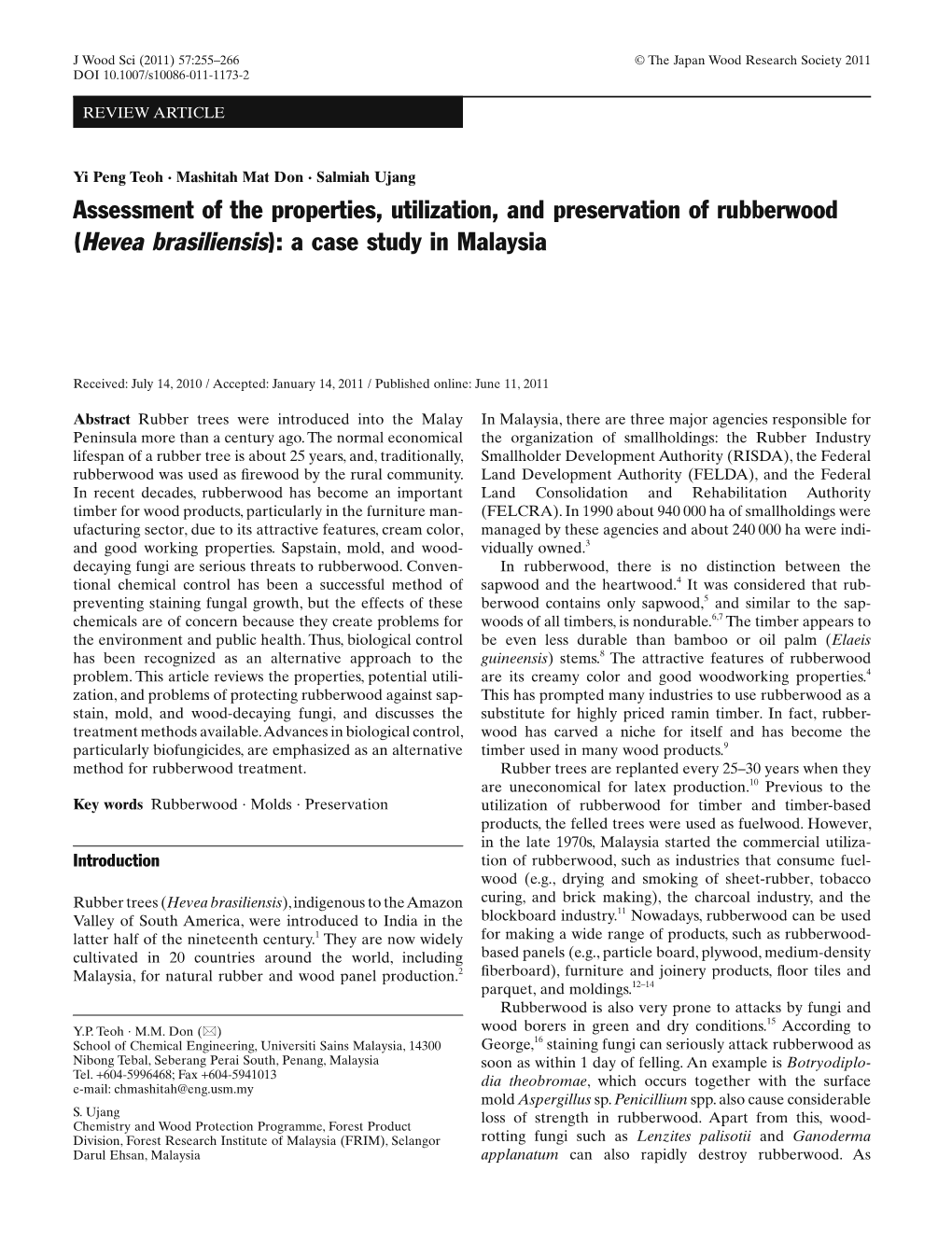 Assessment of the Properties, Utilization, and Preservation of Rubberwood (Hevea Brasiliensis): a Case Study in Malaysia