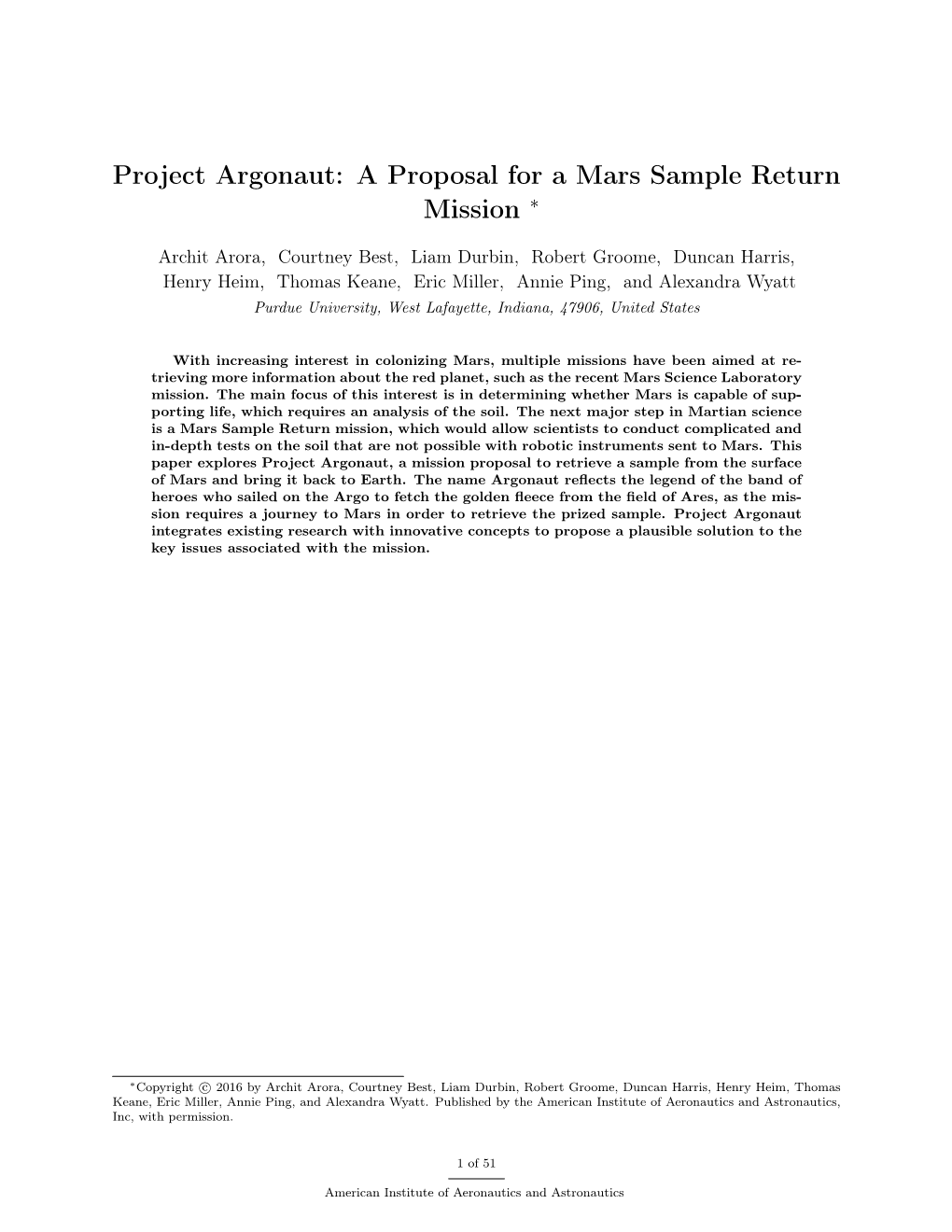 Project Argonaut: a Proposal for a Mars Sample Return Mission ∗