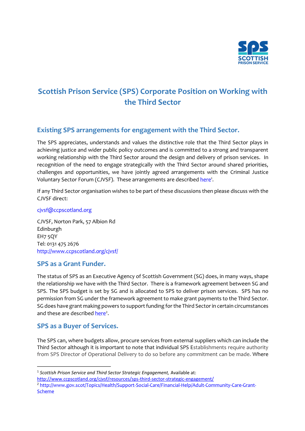 Scottish Prison Service (SPS) Corporate Position on Working with the Third Sector