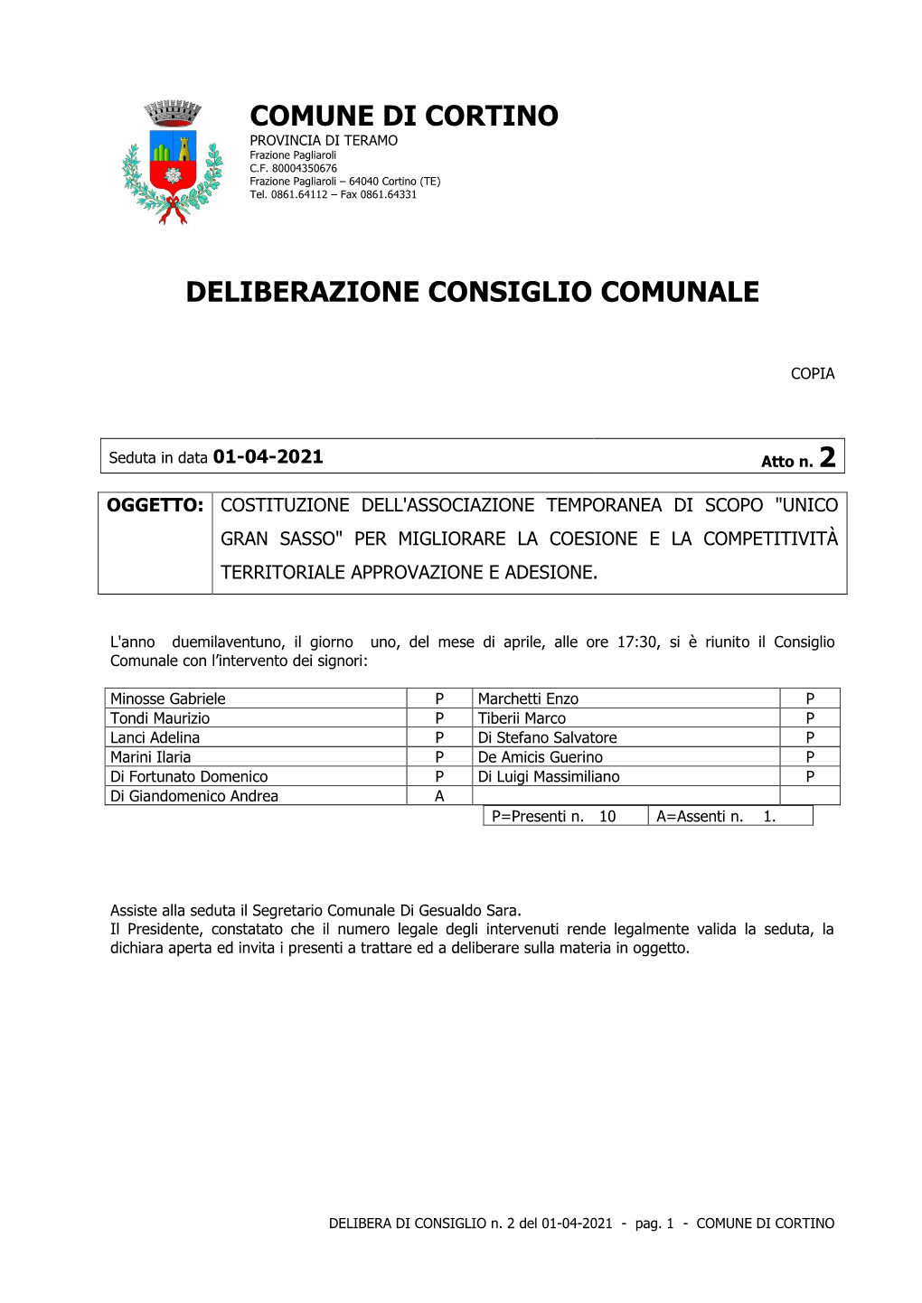 Comune Di Cortino Deliberazione Consiglio Comunale