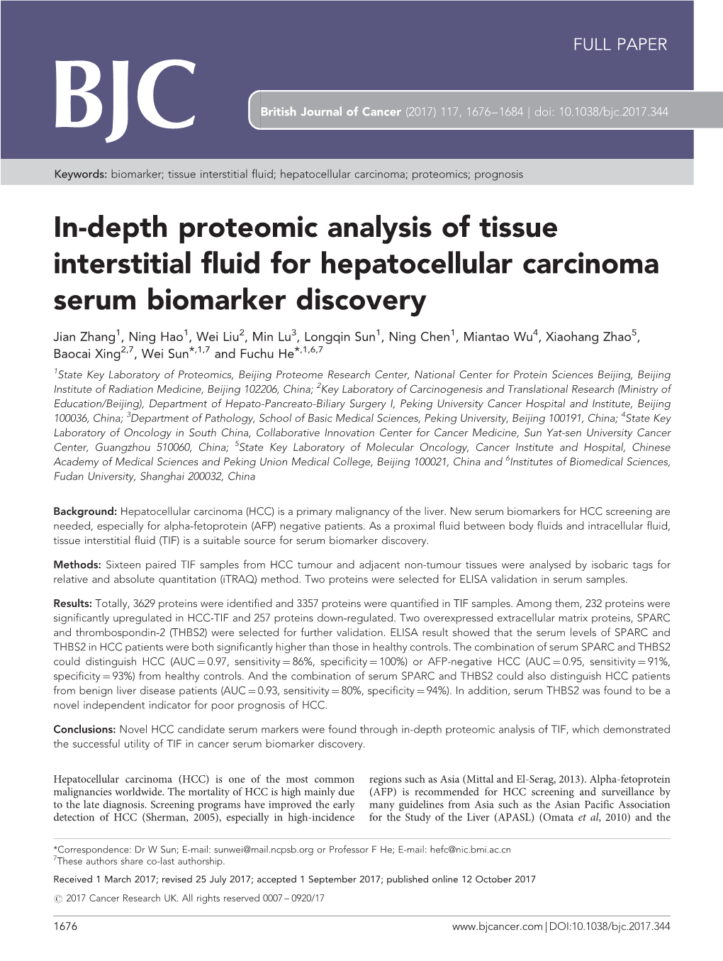 In-Depth Proteomic Analysis of Tissue Interstitial Fluid for Hepatocellular Carcinoma Serum Biomarker Discovery