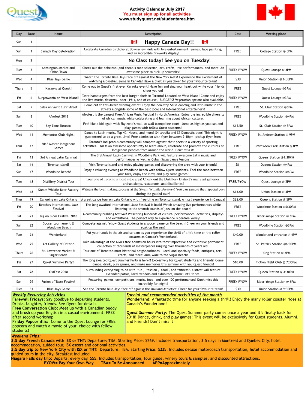 July 2018 Activity Calendar