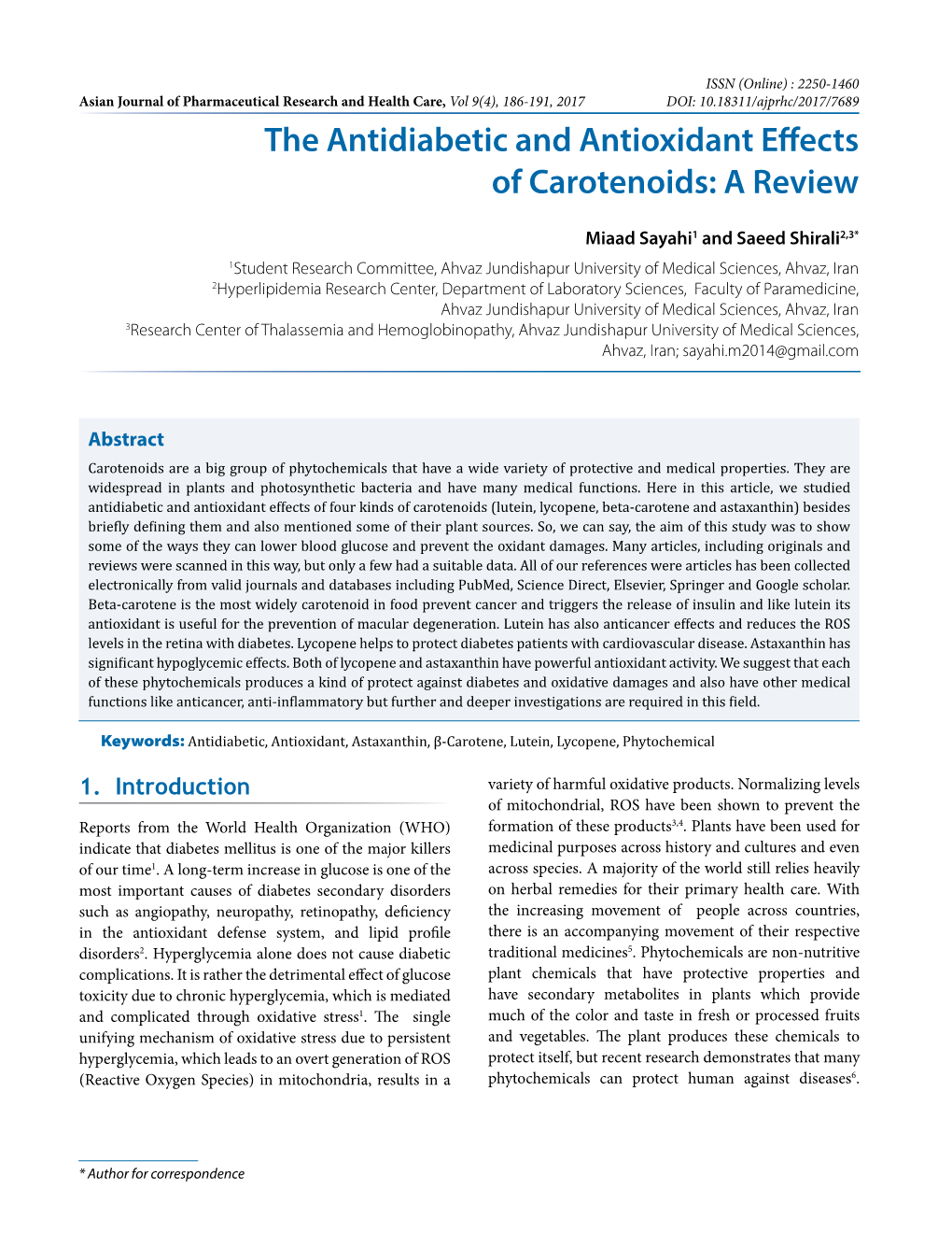 The Antidiabetic and Antioxidant Effects of Carotenoids: a Review