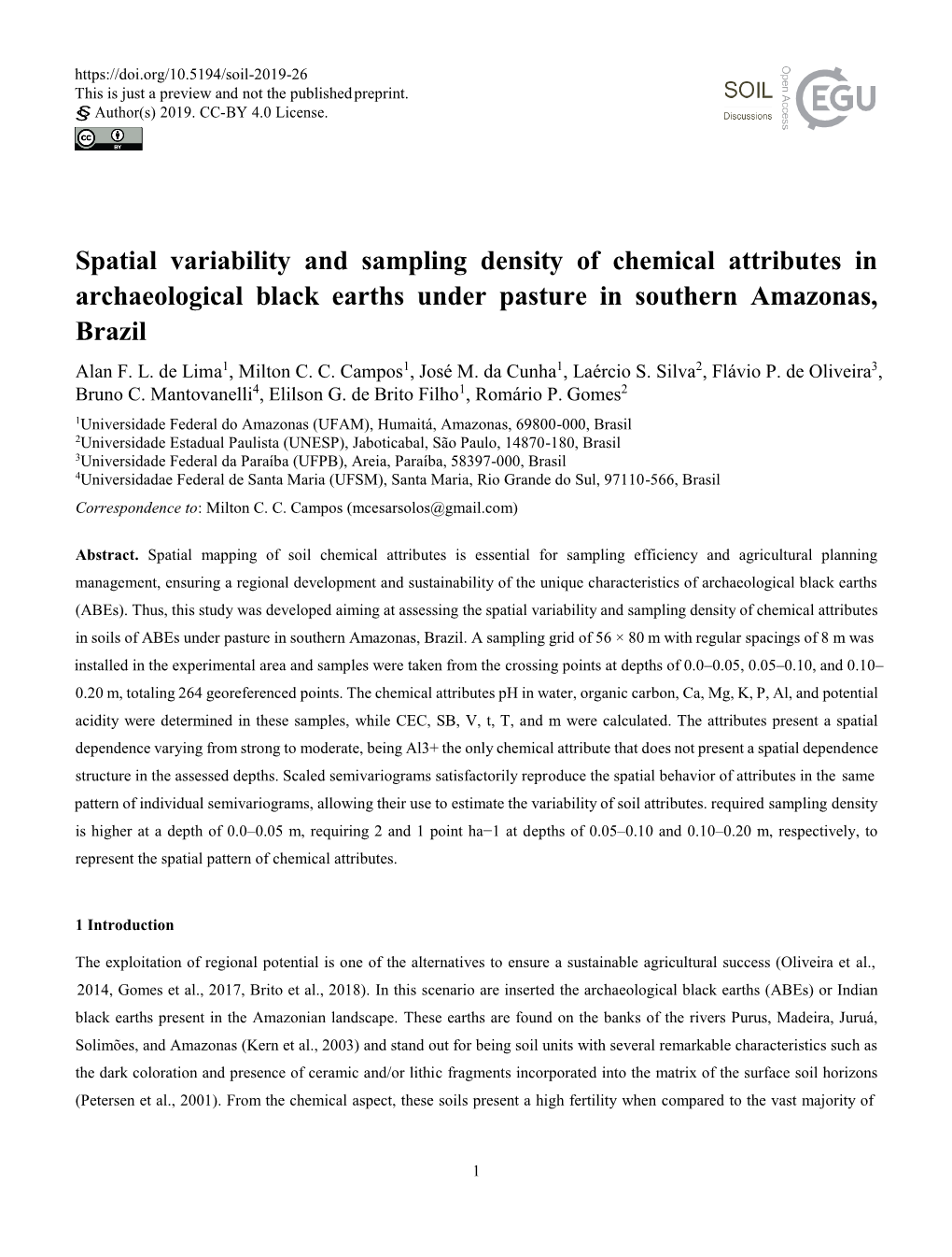 Spatial Variability and Sampling Density of Chemical Attributes in Archaeological Black Earths Under Pasture in Southern Amazonas, Brazil Alan F