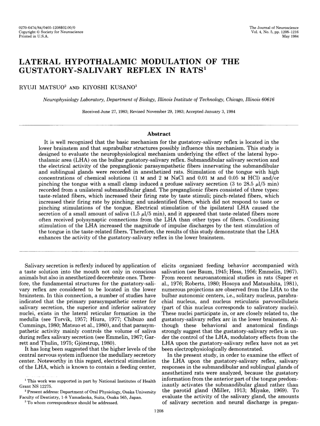 Lateral Hypothalamic Modulation of the Gustatory-Salivary Reflex in Rats’