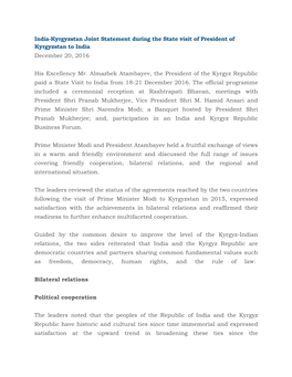 Joint Statement on the Visit of the President of Kyrgyz Republic to India