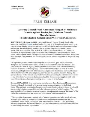 Attorney General Frosh Announces Filing of 3Rd Multistate Lawsuit