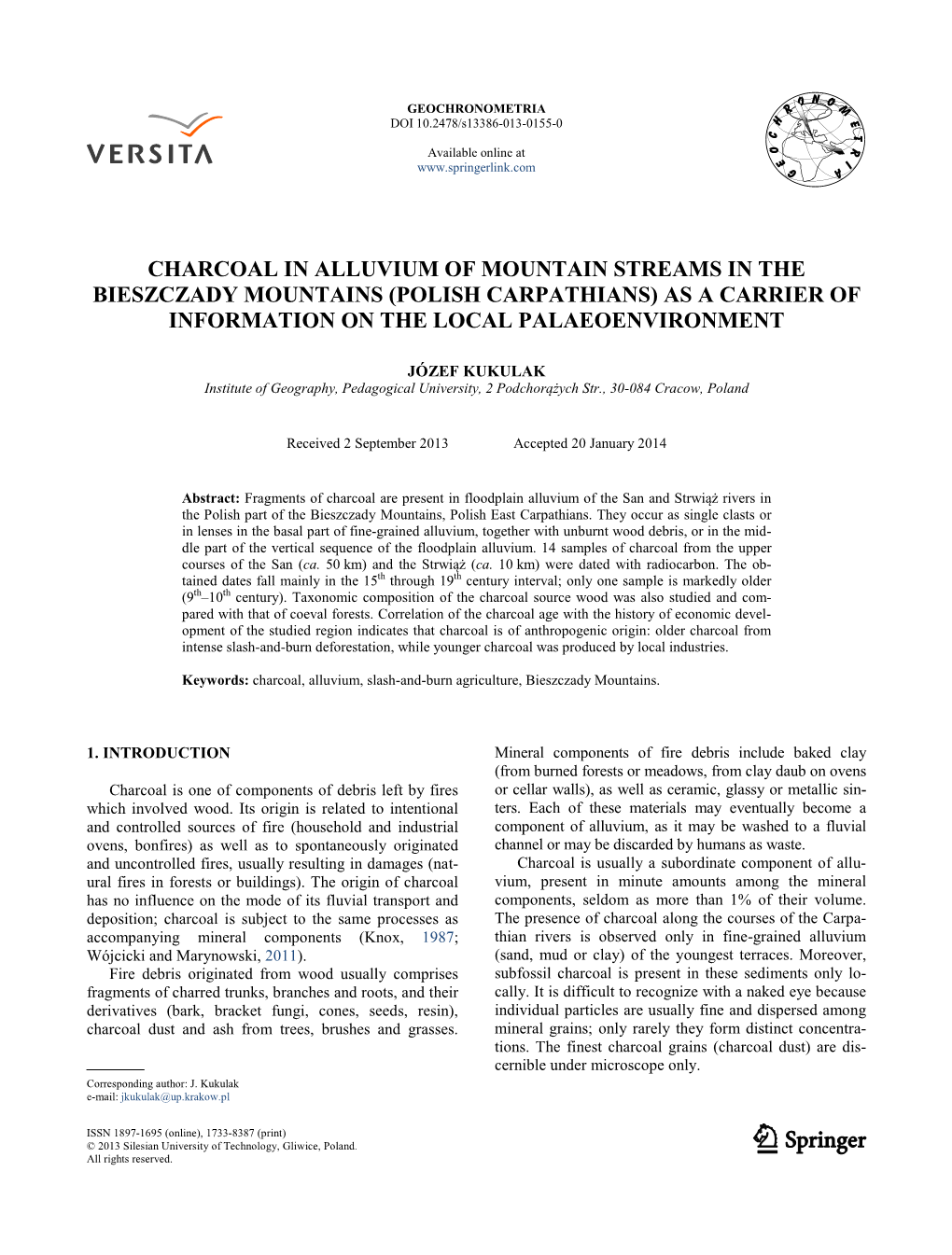 Charcoal in Alluvium of Mountain Streams in the Bieszczady Mountains (Polish Carpathians) As a Carrier of Information on the Local Palaeoenvironment