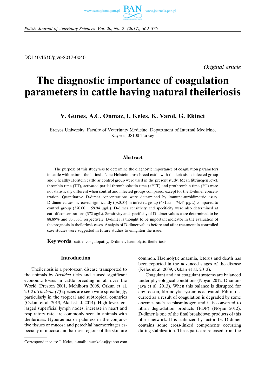 The Diagnostic Importance of Coagulation Parameters in Cattle Having Natural Theileriosis