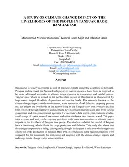 A Study on Climate Change Impact on the Livelihoods of the People in Tanguar Haor, Bangladesh