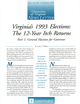 Virginias 1993 Elections: the 12-%Ear Itch Returns Part 1