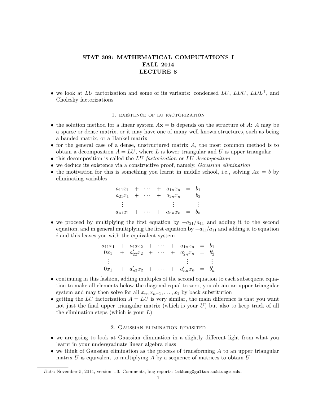 Stat 309: Mathematical Computations I Fall 2014 Lecture 8