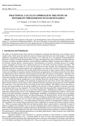 Fractional Calculus Approach in the Study of Instability Phenomenon in Fluid Dynamics J