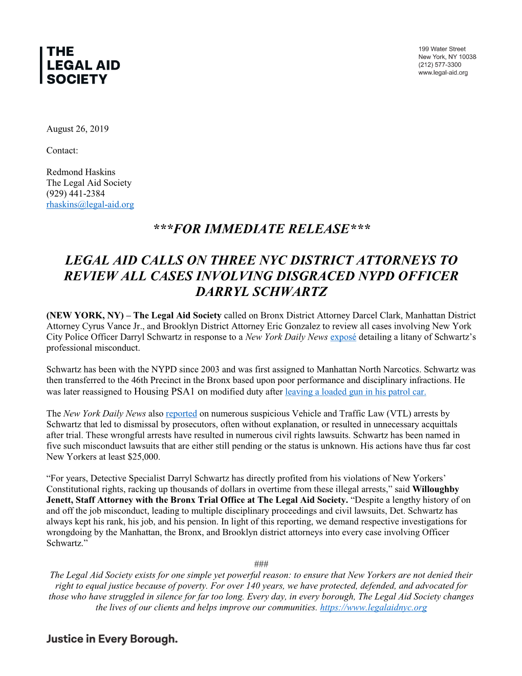 For Immediate Release*** Legal Aid Calls on Three Nyc