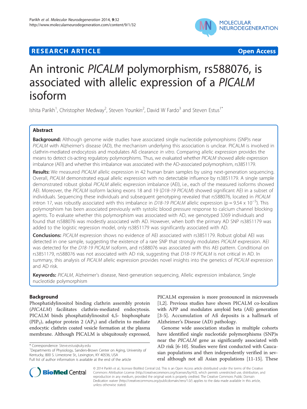 An Intronic PICALM Polymorphism, Rs588076, Is Associated with Allelic