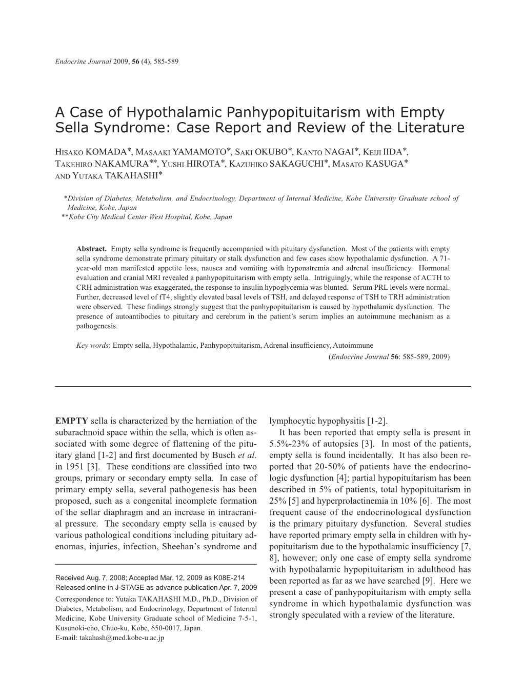 A Case Of Hypothalamic Panhypopituitarism With Empty Sella Syndrome Case Report And Review Of 6580