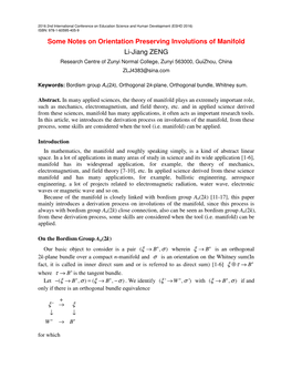 Some Notes on Orientation Preserving Involutions of Manifold Li-Jiang ZENG Research Centre of Zunyi Normal College, Zunyi 563000, Guizhou, China ZLJ4383@Sina.Com
