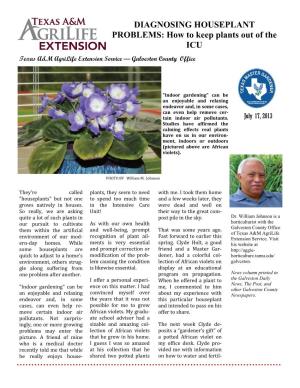DIAGNOSING HOUSEPLANT PROBLEMS: How to Keep Plants out of the ICU Texas A&M Agrilife Extension Service — Galveston County Office