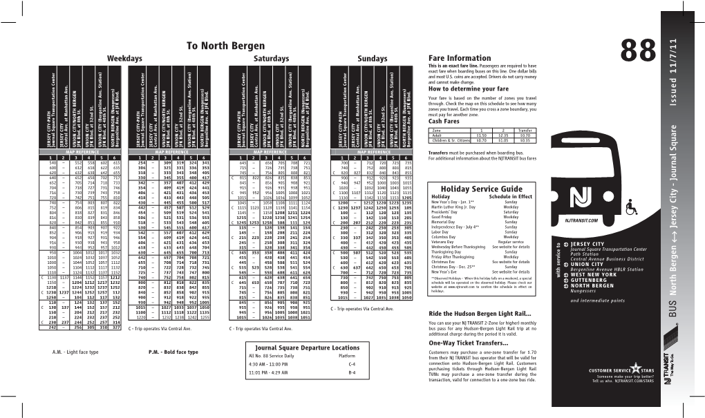 To North Bergen Weekdays Saturdays Sundays Fare Information 88 This Is an Exact Fare Line